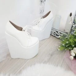 White Lace Up High Heel Wedge Shoes Wedding / Bridal -Tajna Shoes high heel women shoes 325