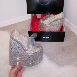 Silver Shimmer Lace Up Platform Wedge Shoes -Tajna Shoes high heel women shoes 337