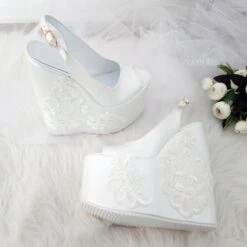 Peep Toe Platform Ivory White Lace Wedding Wedge Shoes -Tajna Shoes high heel women shoes 356