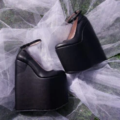 Black Ankle Strap 21 Cm Platform Wedge Shoes