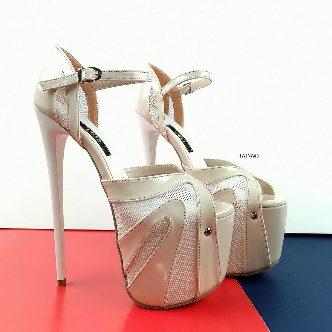 Powder White Patent Fishnet Strap Heels 9 Powder White Patent Fishnet Strap Heels - Image 9