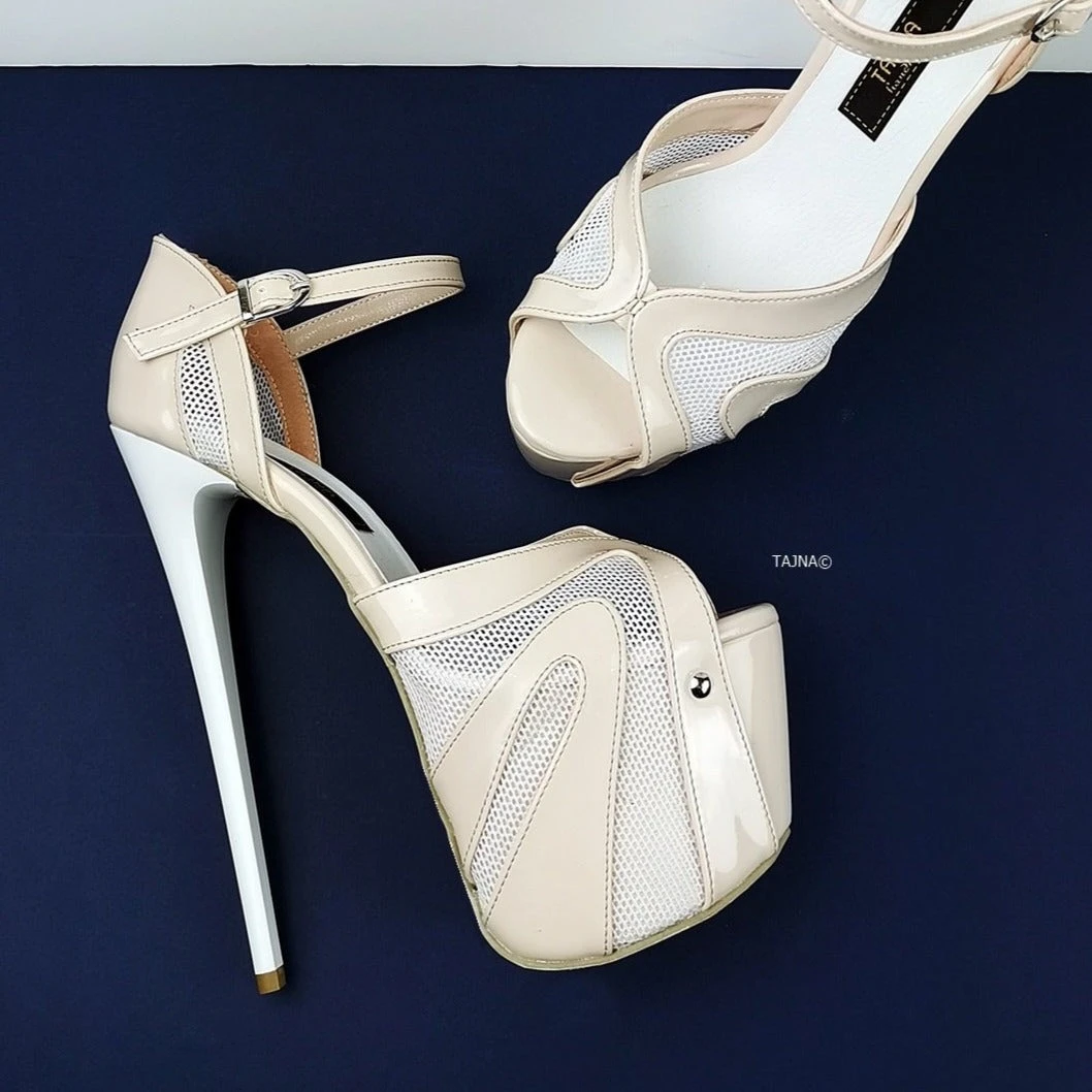 Powder White Patent Fishnet Strap Heels 1 Powder White Patent Fishnet Strap Heels