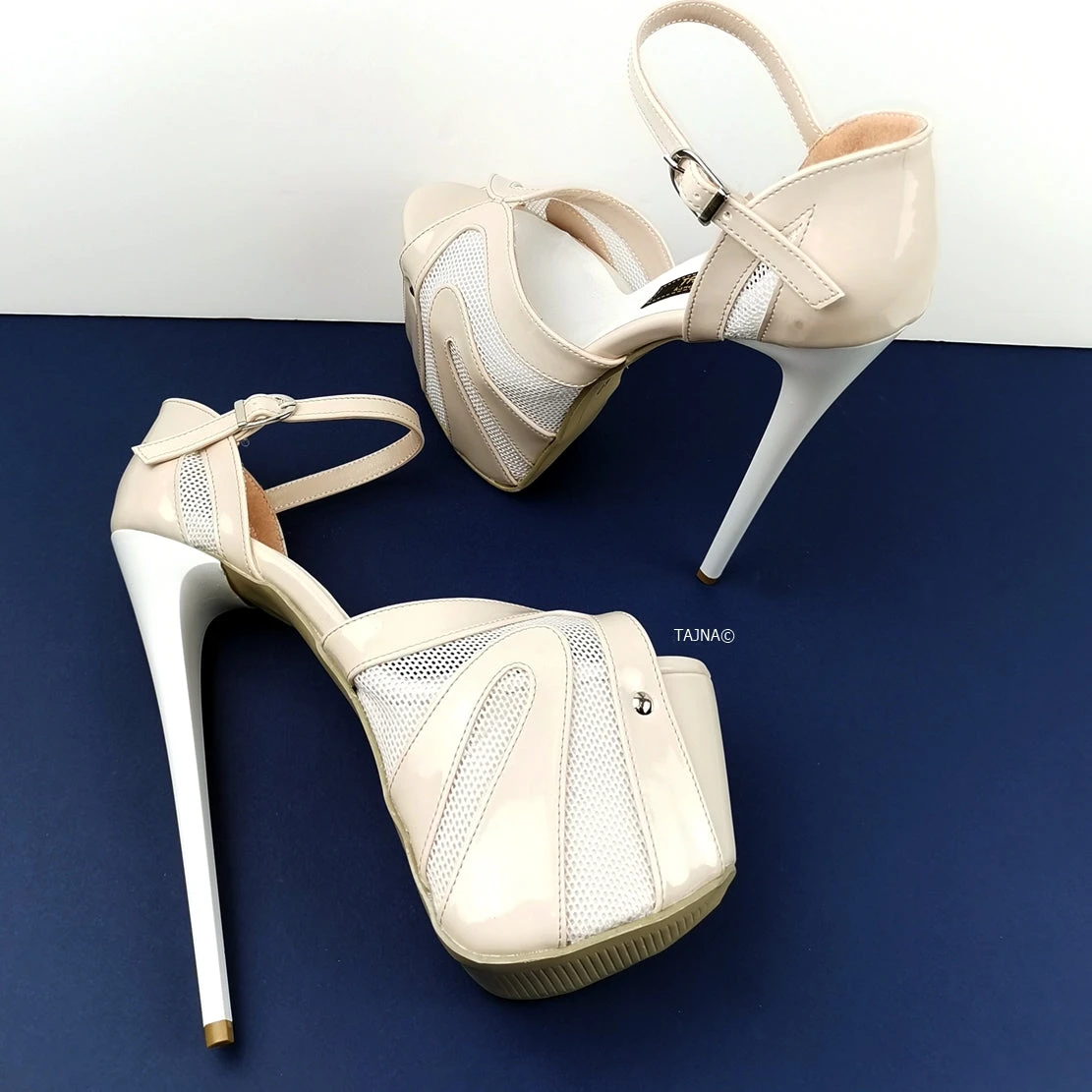 Powder White Patent Fishnet Strap Heels 4 Powder White Patent Fishnet Strap Heels - Image 4