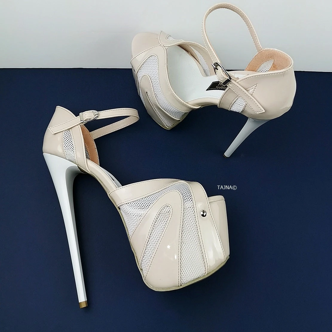 Powder White Patent Fishnet Strap Heels 3 Powder White Patent Fishnet Strap Heels - Image 3