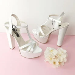 Ivory Satin Bridal Chunky Heels -Tajna Shoes ivory satin high heel wedding shoes 1