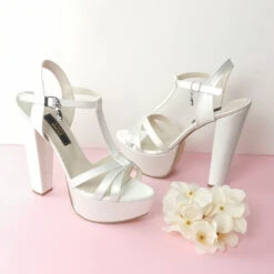 Ivory Satin Bridal Chunky Heels -Tajna Shoes ivory satin high heel wedding shoes 5