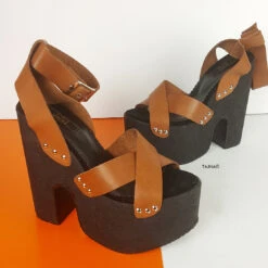 Brown Leather Cross Strap Platform Sabo Sandals -Tajna Shoes leather high heel wedge sandals platforms 15 cm 1