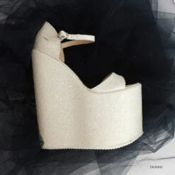 White Shiny Strap Wedge Bridal Shoes