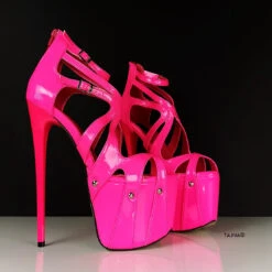 Neon Pink Patent Cage Platform Heels