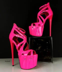 Neon Pink Patent Cage Platform Heels -Tajna Shoes neon pink high heel platform cage shoes 19 cm 7 inches tajna club 3