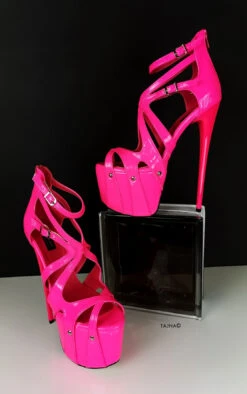 Neon Pink Patent Cage Platform Heels -Tajna Shoes neon pink high heel platform cage shoes 19 cm 7 inches tajna club 5