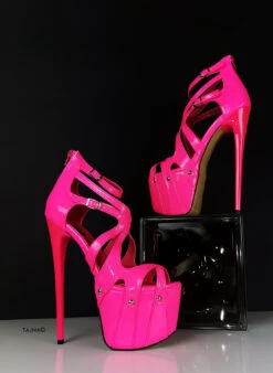 Neon Pink Patent Cage Platform Heels -Tajna Shoes neon pink high heel platform cage shoes 19 cm 7 inches tajna club 6