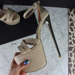 Nude Beige Patent Cross Strap Heels -Tajna Shoes nude beige patent extreme high heel platform sandals 1
