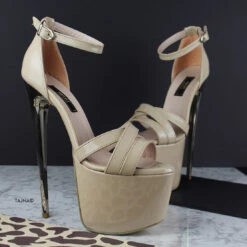 Nude Beige Patent Cross Strap Heels