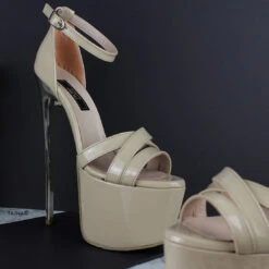 Nude Beige Patent Cross Strap Heels -Tajna Shoes nude beige patent extreme high heel platform sandals 3