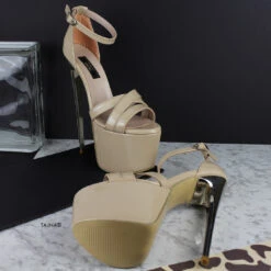 Nude Beige Patent Cross Strap Heels -Tajna Shoes nude beige patent extreme high heel platform sandals 5