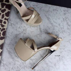 Nude Beige Patent Cross Strap Heels -Tajna Shoes nude beige patent extreme high heel platform sandals 7