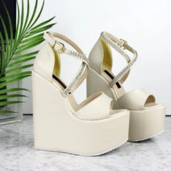 Cream Nude Gemstone Strap Bridal Wedges -Tajna Shoes nude cream high heel wedge wedding bride shoes 15 cm 1