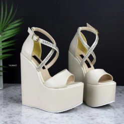 Cream Nude Gemstone Strap Bridal Wedges -Tajna Shoes nude cream high heel wedge wedding bride shoes 15 cm 5