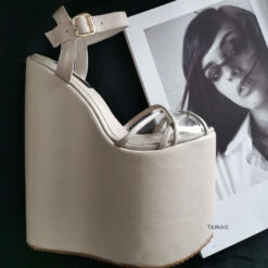 Nude Transparent Cross Strap Platform Wedges -Tajna Shoes nude mega heel shoes wedges tajna club 1