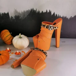 Orange Leopard Strap High Heel Mules -Tajna Shoes orange halloween high heel mules 1