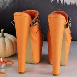 Orange Leopard Strap High Heel Mules -Tajna Shoes orange halloween high heel mules 4