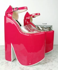 Pink Transparent Strap Platform Wedges -Tajna Shoes pink barbie colour extreme high heel wedge shoes 30cm 25 cm 13 inches 2