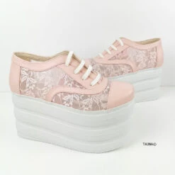 Light Pink Lace Up Flatform Wedges -Tajna Shoes pink lace flat platform wedge shoes lace up tajna club heel wedges 1