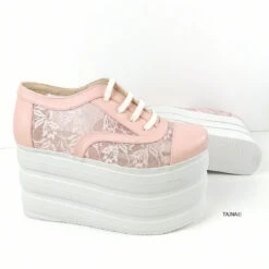Light Pink Lace Up Flatform Wedges