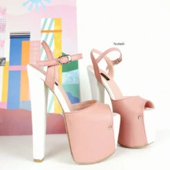 Pink White Chunky Heel Platform Sandals -Tajna Shoes pink white 19 cm high heel sandals 1