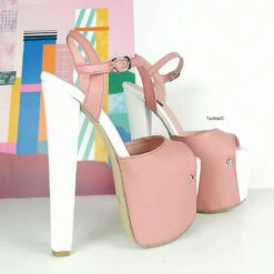 Pink White Chunky Heel Platform Sandals