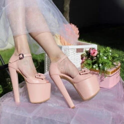 Light Pink 19 Cm Heel Platform Shoes With Ribbon