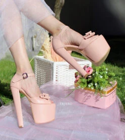 Light Pink 19 Cm Heel Platform Shoes With Ribbon -Tajna Shoes pink 19 cm bridal shoes 3
