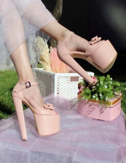 Light Pink 19 Cm Heel Platform Shoes With Ribbon -Tajna Shoes pink 19 cm bridal shoes 4