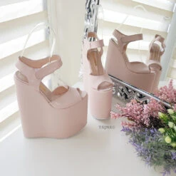 Powder Light Pink High Heel Wedge Platform Shoes -Tajna Shoes pink 20 cm wedge shoes 6