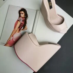 Light Pink Extra High Wedge Mules 5 Light Pink Extra High Wedge Mules -Tajna Shoes pink high heel wedge mules 1