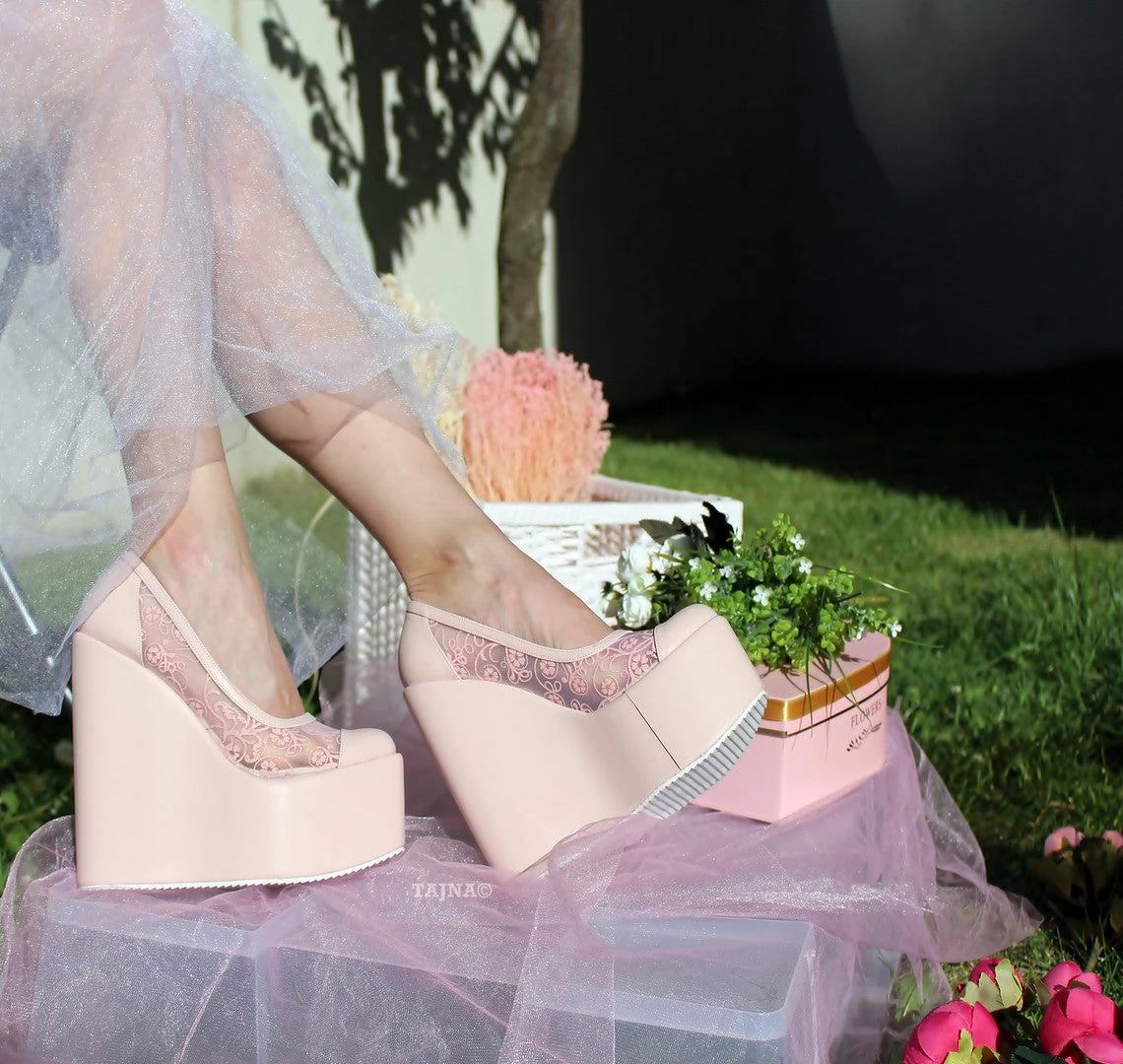 Lace Pink Powder High Heel Wedge Shoes 4 Lace Pink Powder High Heel Wedge Shoes - Image 4