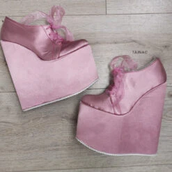 Pink Satin Lace Up High Heel Wedges -Tajna Shoes pink satin platform high heel lace up wedge bride shoes 2