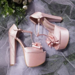 Satin Pink Chunky Heel Platform Wedding Shoes With Ribbon -Tajna Shoes pink satin wedding shoes 2
