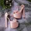 Satin Pink Chunky Heel Platform Wedding Shoes With Ribbon