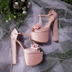 Satin Pink Chunky Heel Platform Wedding Shoes With Ribbon