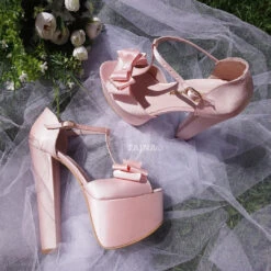Satin Pink Chunky Heel Platform Wedding Shoes With Ribbon -Tajna Shoes pink satin wedding shoes 4
