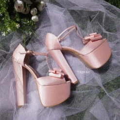 Satin Pink Chunky Heel Platform Wedding Shoes With Ribbon -Tajna Shoes pink satin wedding shoes 5
