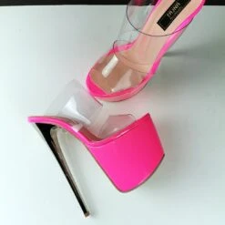 Pink Neon Transparent Strap Mules -Tajna Shoes pink transparent high heel platform mules 1