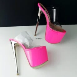 Pink Neon Transparent Strap Mules -Tajna Shoes pink transparent high heel platform mules 3