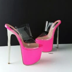 Pink Neon Transparent Strap Mules -Tajna Shoes pink transparent high heel platform mules 5