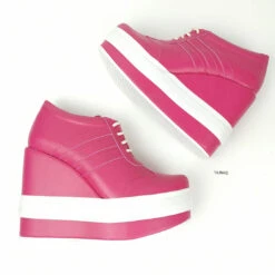Pink Magenta Lace Up Sport Platform Wedges