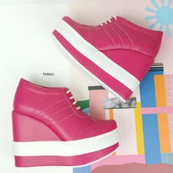 Pink Magenta Lace Up Sport Platform Wedges -Tajna Shoes pinkwedgehighheelplatformlaceupwedgeshoes tajnaclub 2