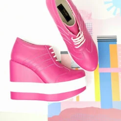 Pink Magenta Lace Up Sport Platform Wedges -Tajna Shoes pinkwedgehighheelplatformlaceupwedgeshoes tajnaclub 5