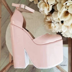 Powder Pink Ankle Strap High Heel Wedges